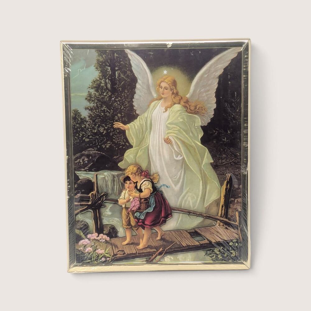 Vintage 1970s Guardian Angel Wall Art Print Children Crossing Bridge Framed